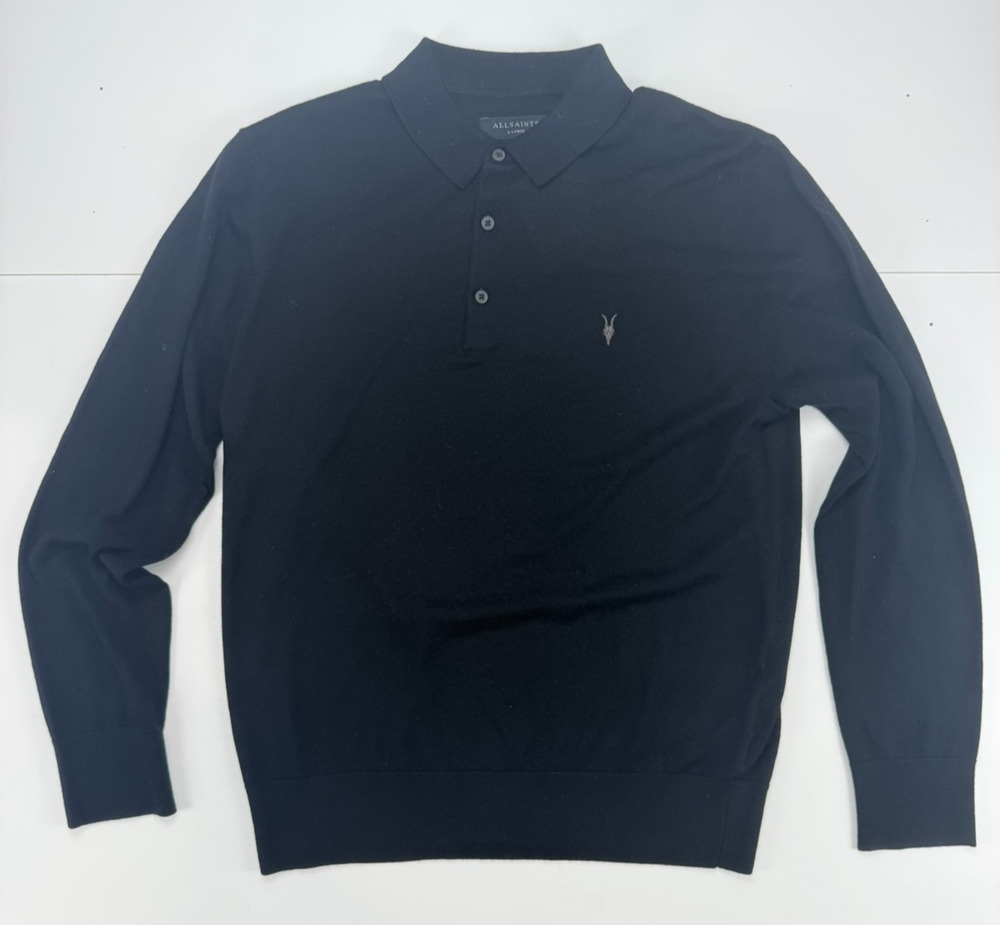 AllSaints Mode Merino Wool Polo Mens XL Black Long Sleeve Ramskull NWT $169